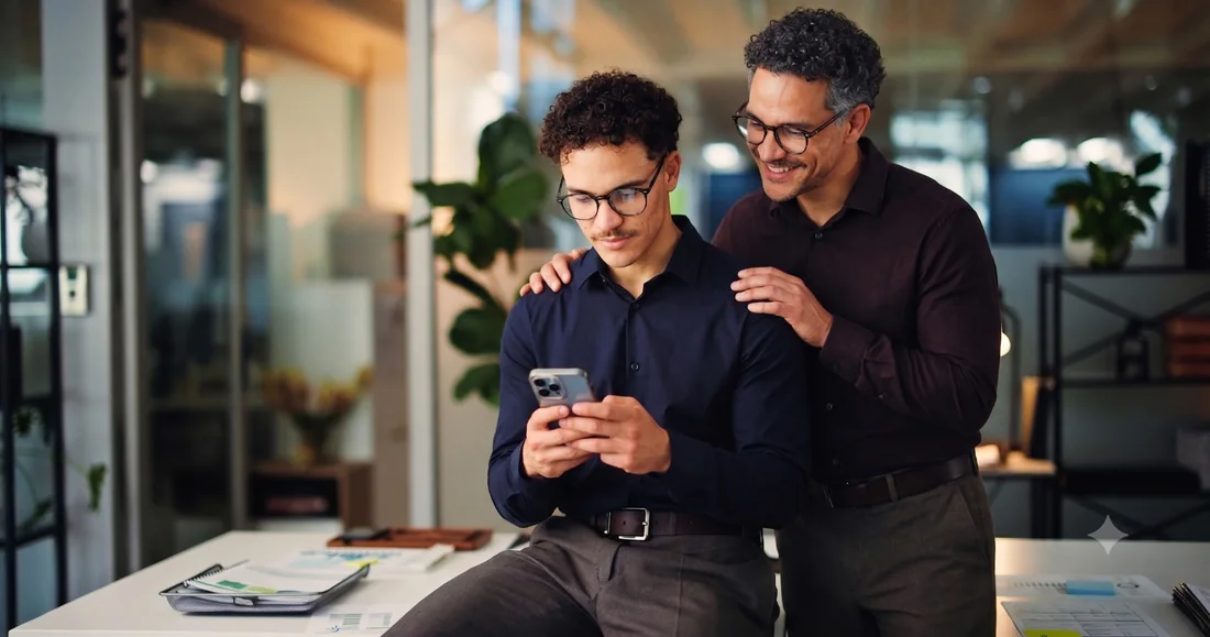 Two colleagues looking at the Unlimits app together